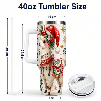 #pl[40oz|White] Christmas Llama 40oz Tumbler with Handle, Festive Holiday Animal Art
