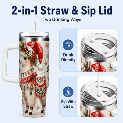 #pl[40oz|White] Christmas Llama 40oz Tumbler with Handle, Festive Holiday Animal Art