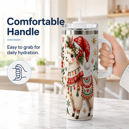 #pl[40oz|White] Christmas Llama 40oz Tumbler with Handle, Festive Holiday Animal Art