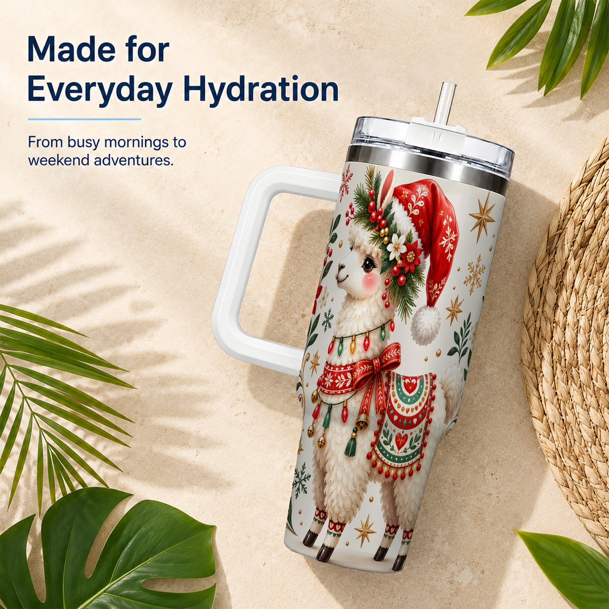 Christmas Llama 40oz Tumbler with Handle, Festive Holiday Animal Art