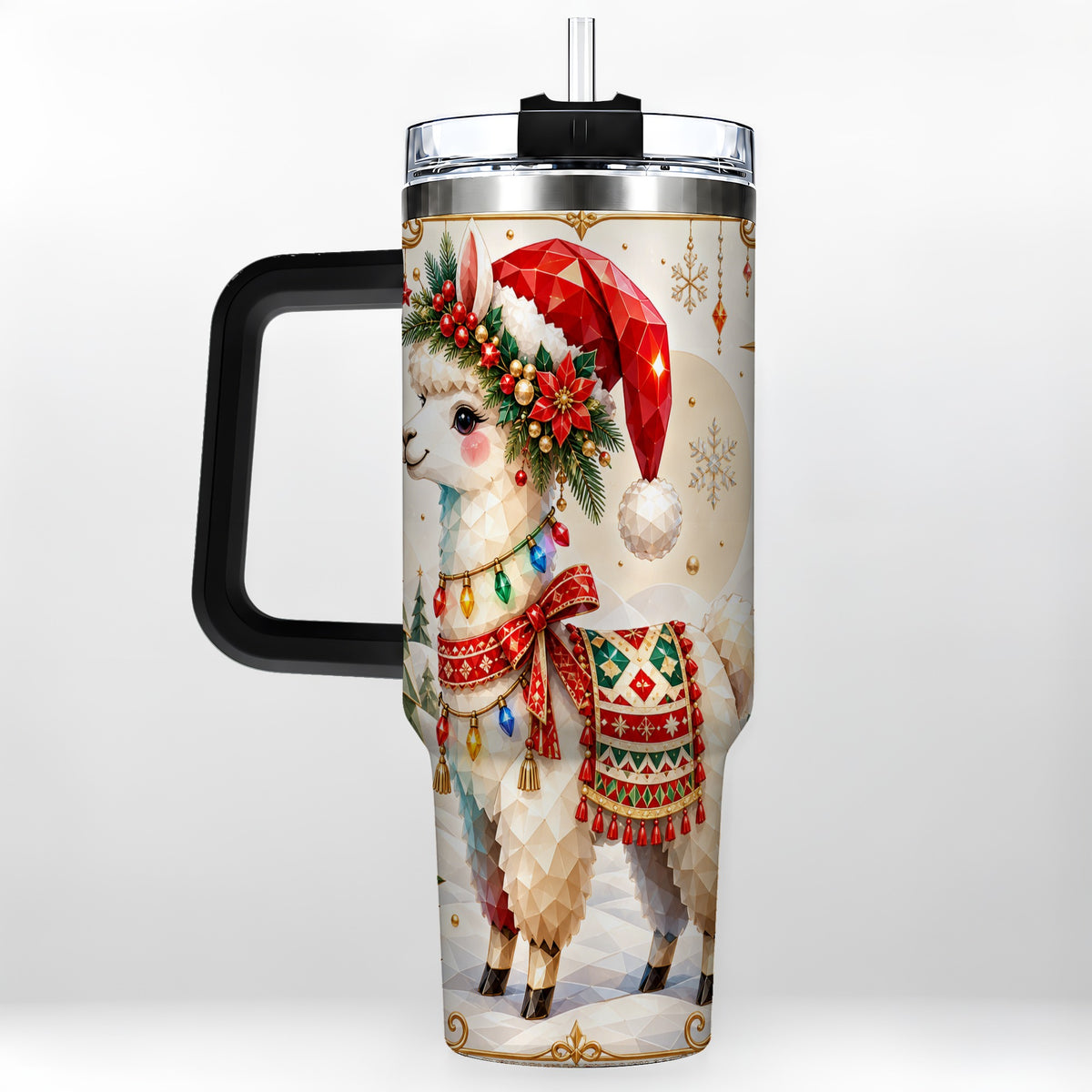 #pl[40oz|Black] Christmas Llama 40oz Tumbler with Handle, Festive Alpaca Holiday Cup