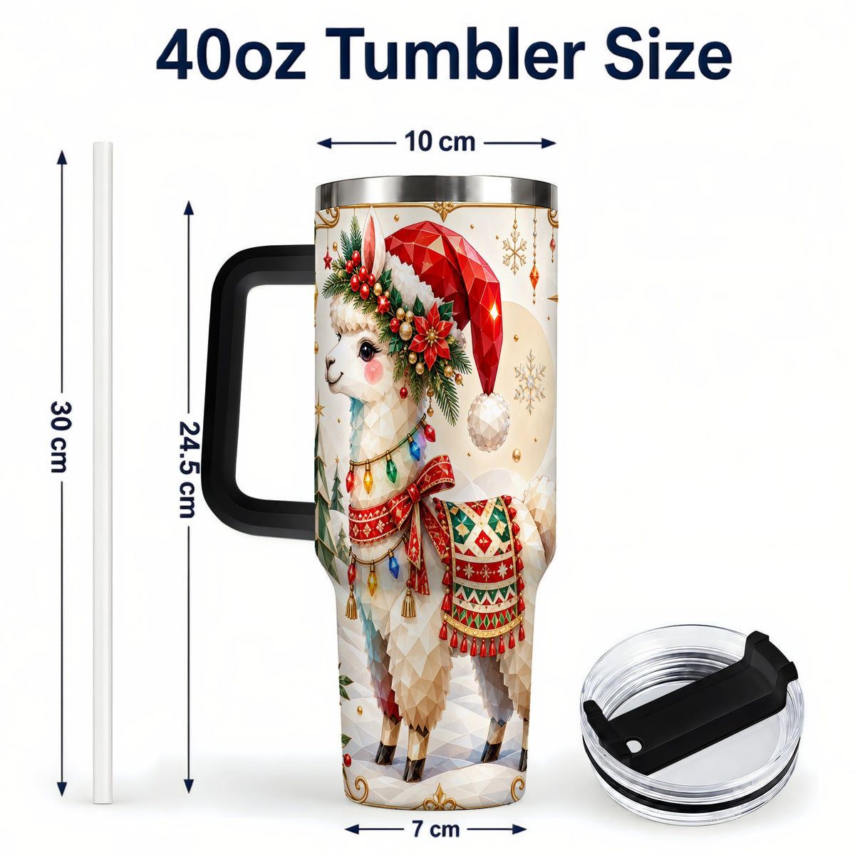 #pl[40oz|Black] Christmas Llama 40oz Tumbler with Handle, Festive Alpaca Holiday Cup