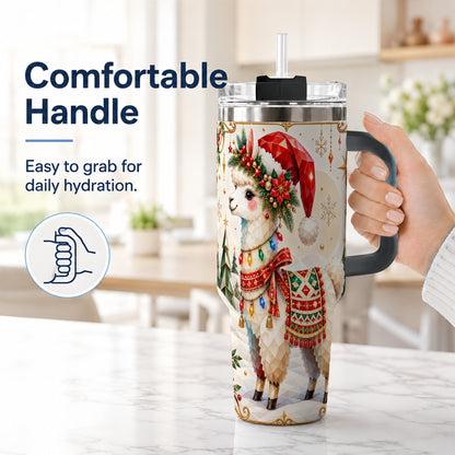 #pl[40oz|Black] Christmas Llama 40oz Tumbler with Handle, Festive Alpaca Holiday Cup