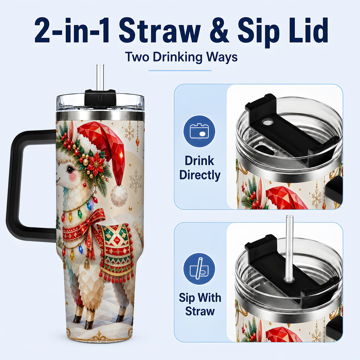 #pl[40oz|Black] Christmas Llama 40oz Tumbler with Handle, Festive Alpaca Holiday Cup