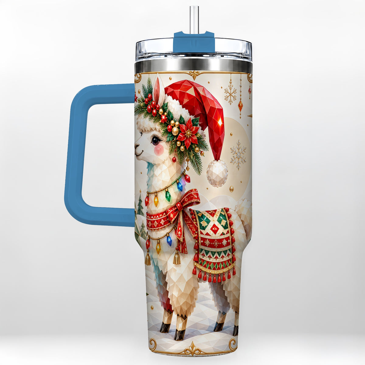 #pl[40oz|Blue] Christmas Llama 40oz Tumbler with Handle, Festive Alpaca Holiday Cup