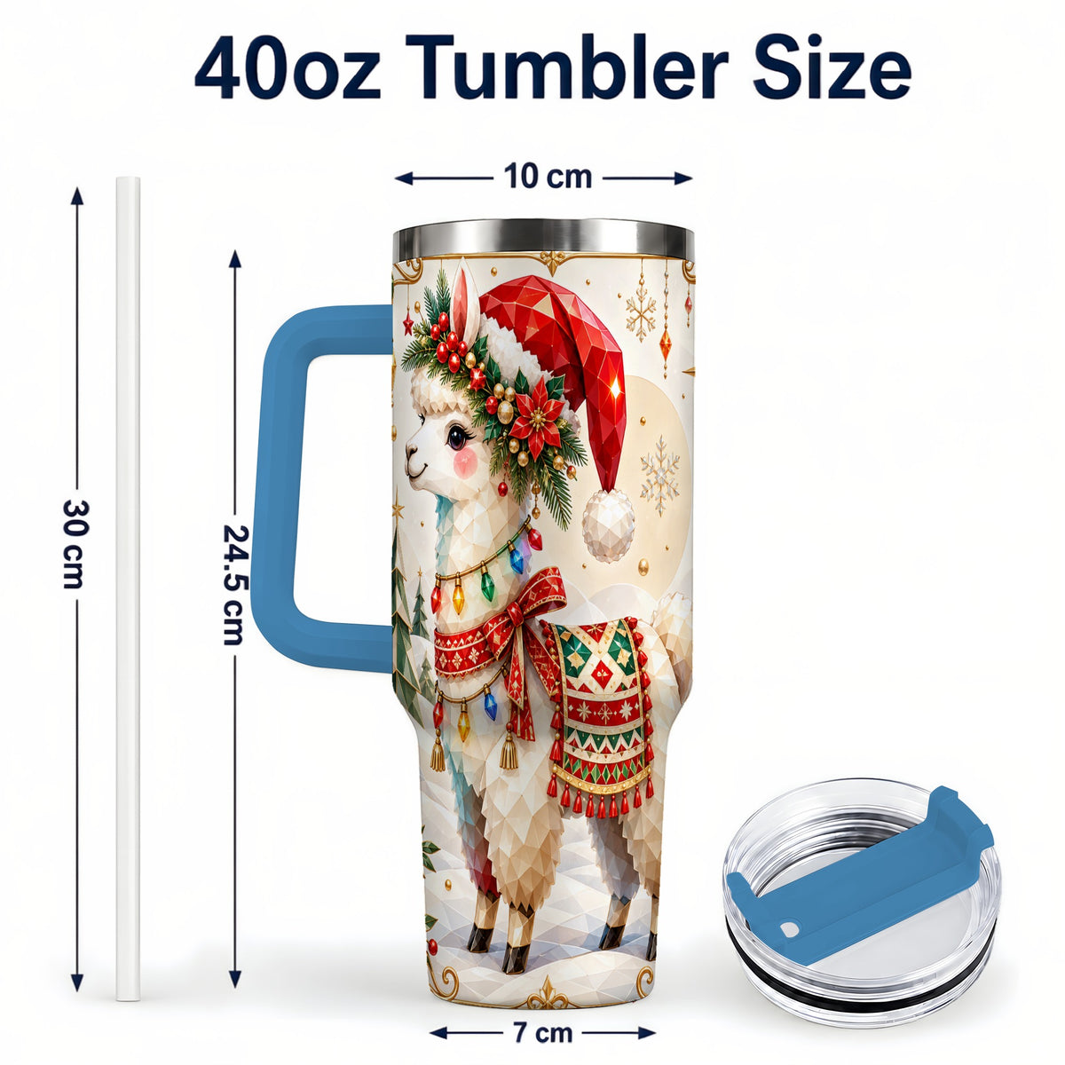 #pl[40oz|Blue] Christmas Llama 40oz Tumbler with Handle, Festive Alpaca Holiday Cup