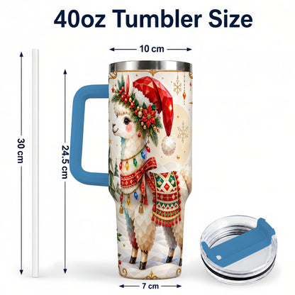 #pl[40oz|Blue] Christmas Llama 40oz Tumbler with Handle, Festive Alpaca Holiday Cup