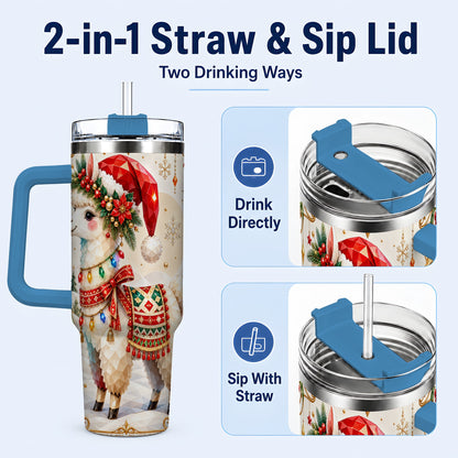 #pl[40oz|Blue] Christmas Llama 40oz Tumbler with Handle, Festive Alpaca Holiday Cup