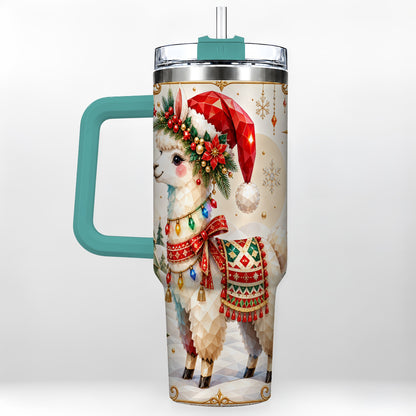 #pl[40oz|Green] Christmas Llama 40oz Tumbler with Handle, Festive Alpaca Holiday Cup
