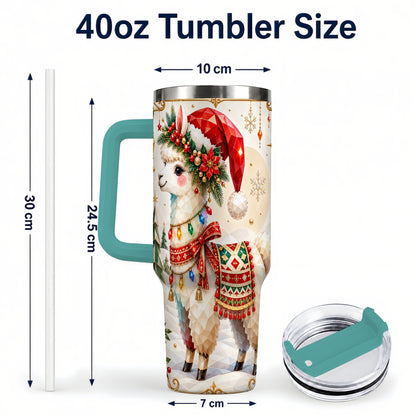 #pl[40oz|Green] Christmas Llama 40oz Tumbler with Handle, Festive Alpaca Holiday Cup