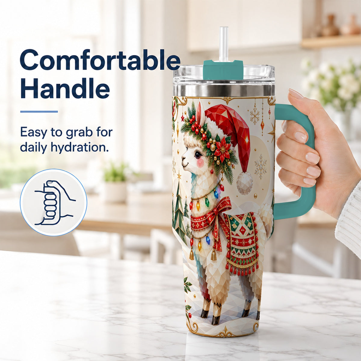 #pl[40oz|Green] Christmas Llama 40oz Tumbler with Handle, Festive Alpaca Holiday Cup