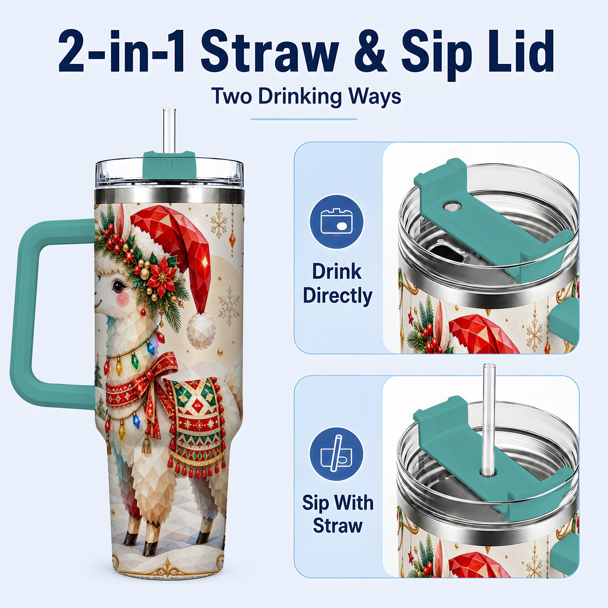 #pl[40oz|Green] Christmas Llama 40oz Tumbler with Handle, Festive Alpaca Holiday Cup