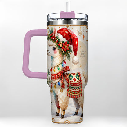 #pl[40oz|Pink] Christmas Llama 40oz Tumbler with Handle, Festive Alpaca Holiday Cup