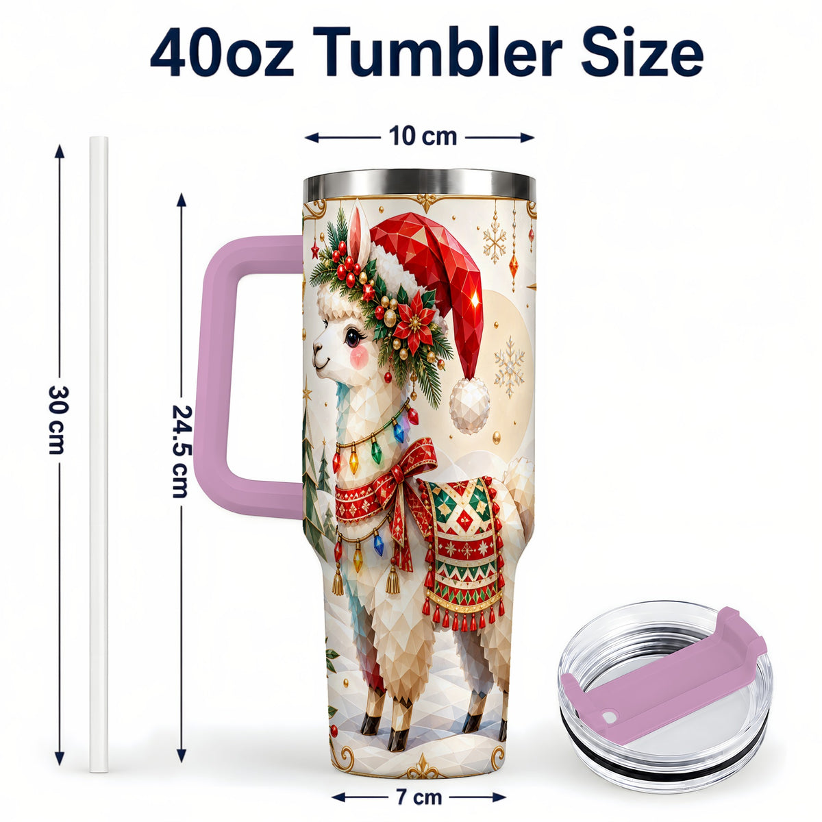 #pl[40oz|Pink] Christmas Llama 40oz Tumbler with Handle, Festive Alpaca Holiday Cup
