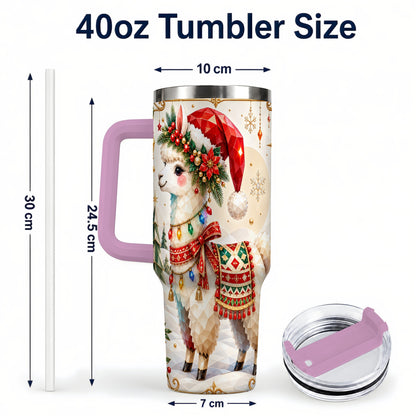 #pl[40oz|Pink] Christmas Llama 40oz Tumbler with Handle, Festive Alpaca Holiday Cup