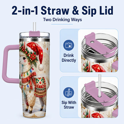 #pl[40oz|Pink] Christmas Llama 40oz Tumbler with Handle, Festive Alpaca Holiday Cup