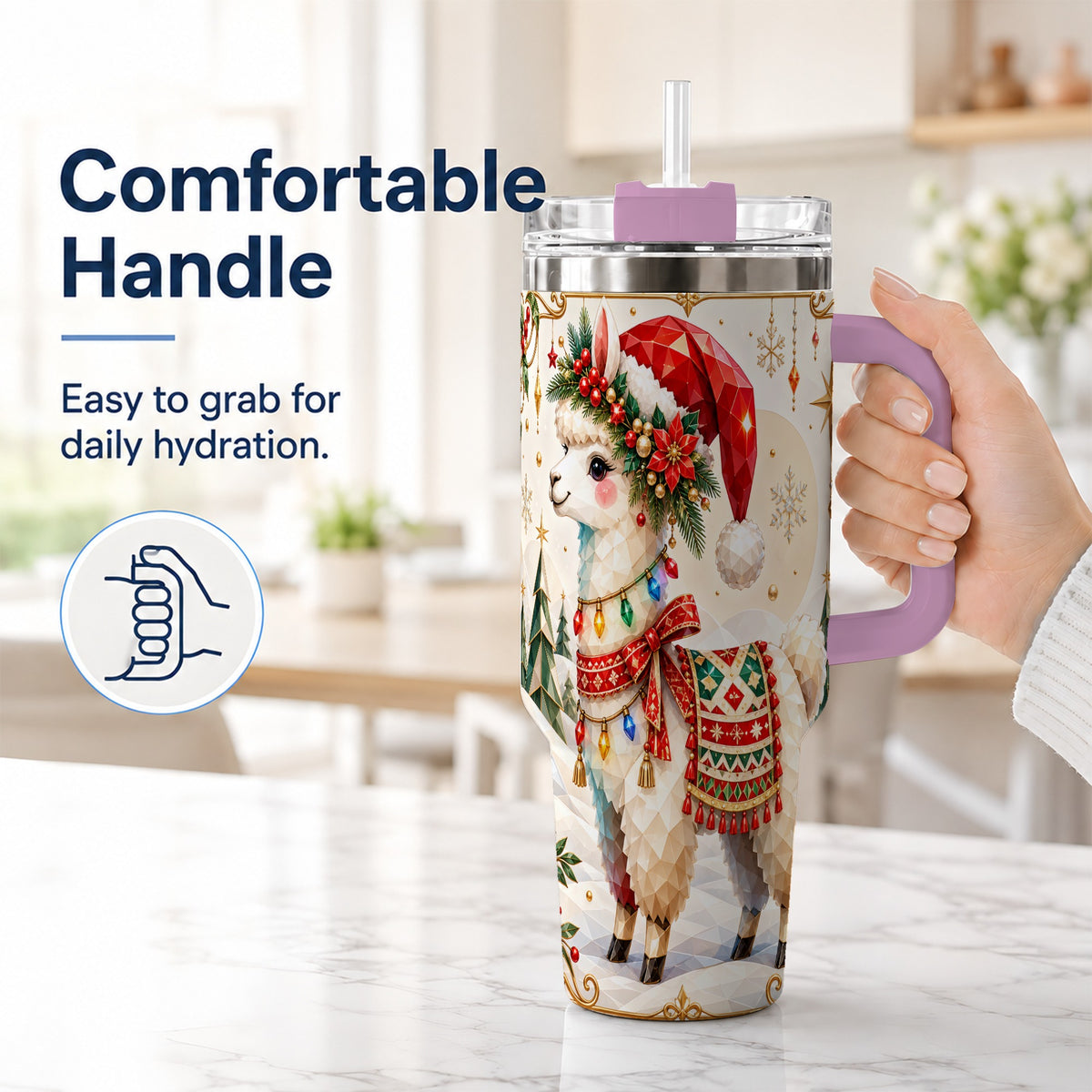 #pl[40oz|Pink] Christmas Llama 40oz Tumbler with Handle, Festive Alpaca Holiday Cup