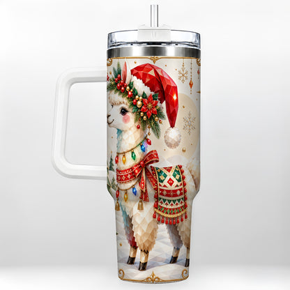 Christmas Llama 40oz Tumbler with Handle, Festive Alpaca Holiday Cup
