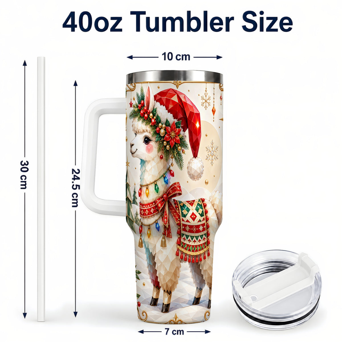 #pl[40oz|White] Christmas Llama 40oz Tumbler with Handle, Festive Alpaca Holiday Cup