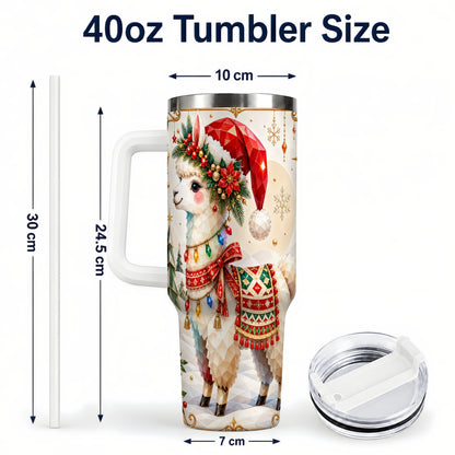 #pl[40oz|White] Christmas Llama 40oz Tumbler with Handle, Festive Alpaca Holiday Cup