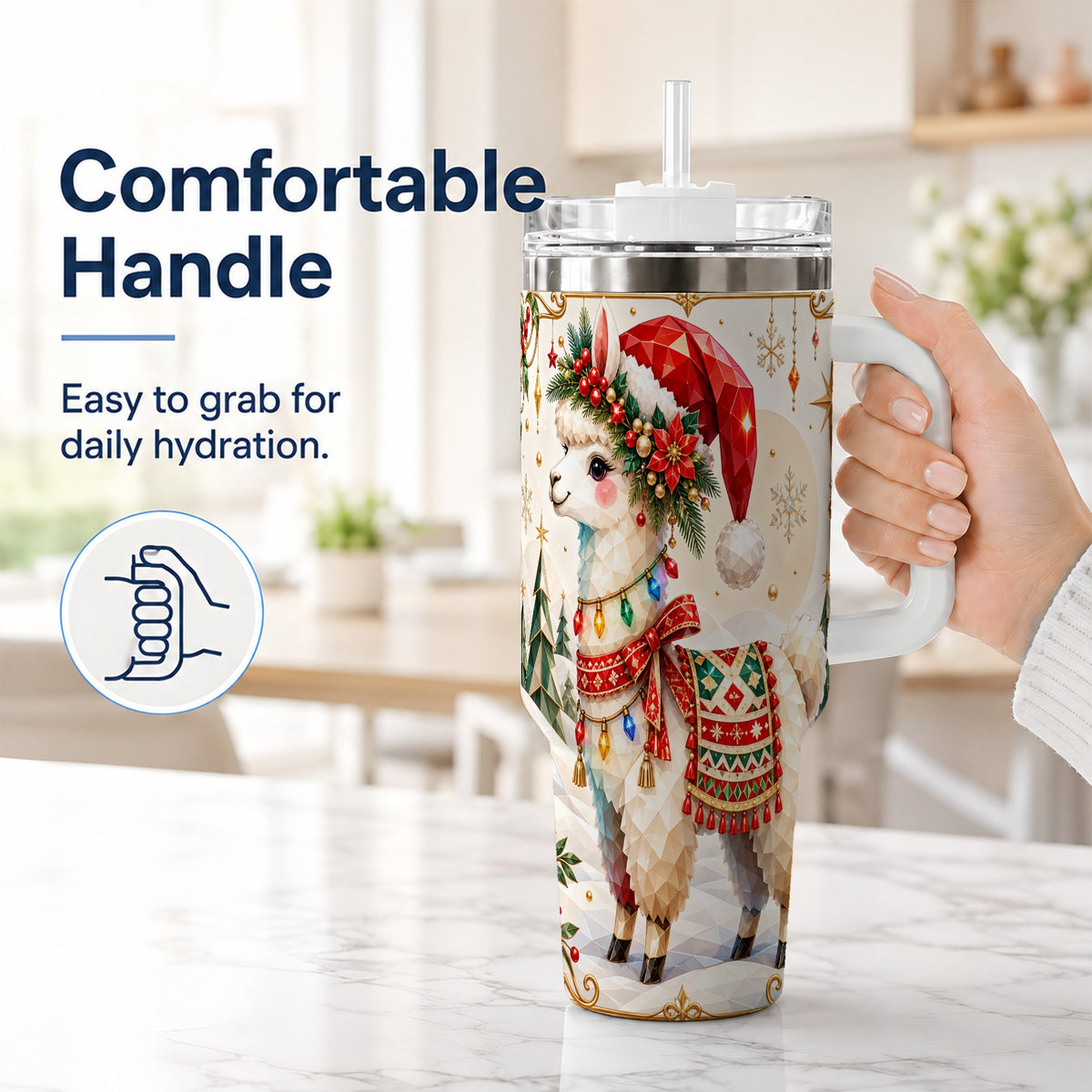 #pl[40oz|White] Christmas Llama 40oz Tumbler with Handle, Festive Alpaca Holiday Cup
