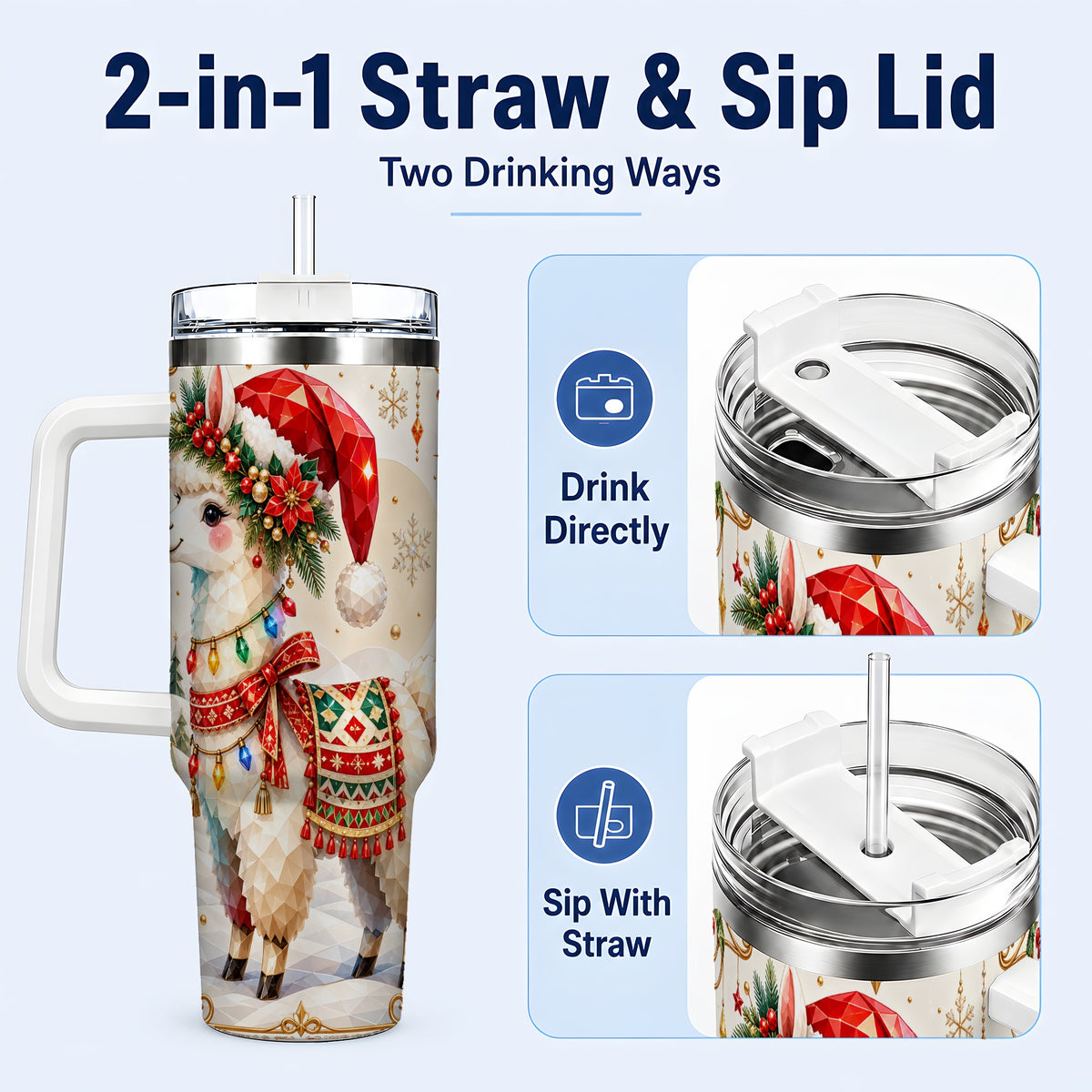 #pl[40oz|White] Christmas Llama 40oz Tumbler with Handle, Festive Alpaca Holiday Cup