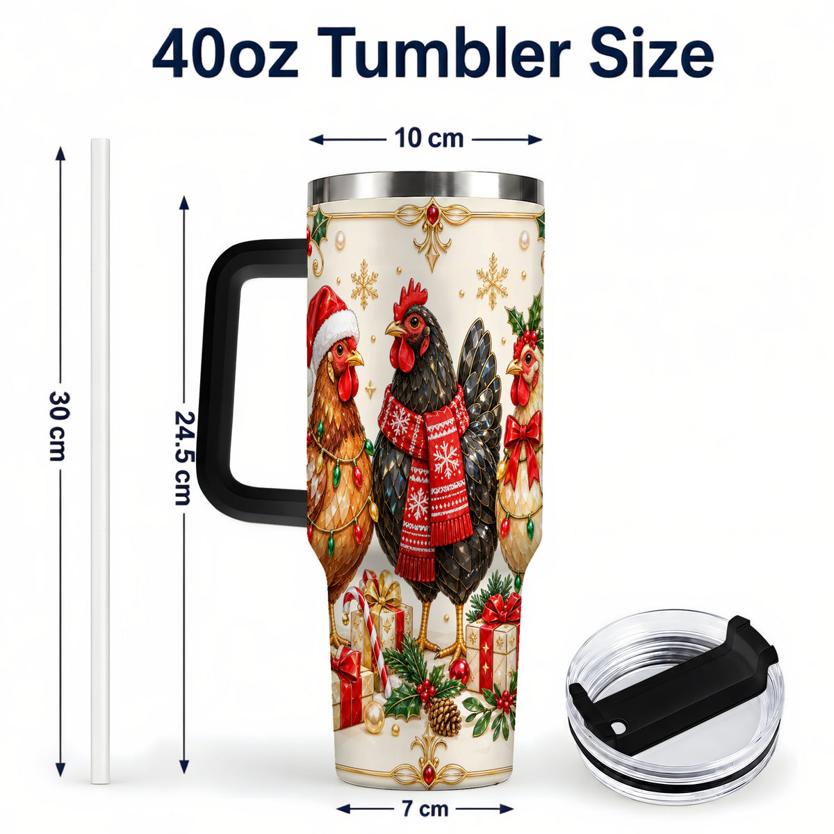 #pl[40oz|Black] Christmas Chickens 40oz Tumbler with Handle, Festive Farmhouse Cup
