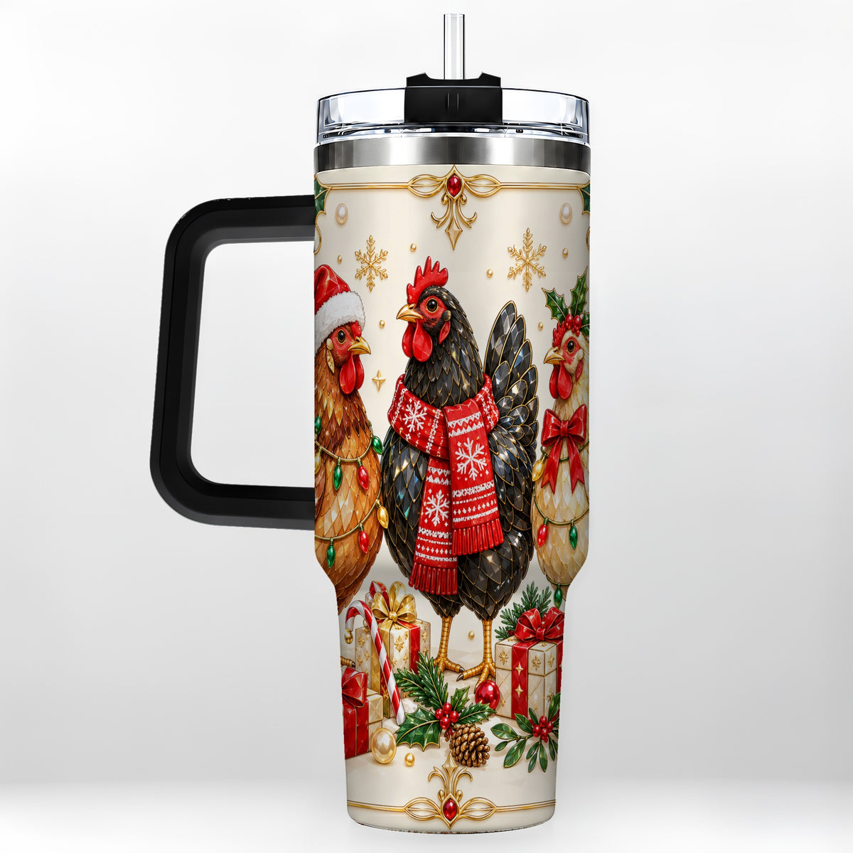 #pl[40oz|Black] Christmas Chickens 40oz Tumbler with Handle, Festive Farmhouse Cup