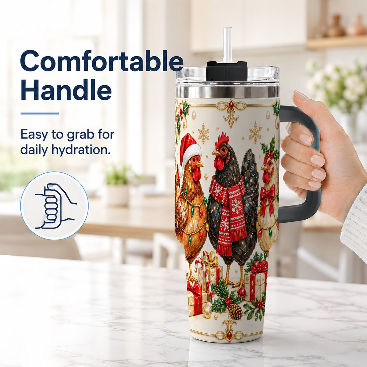 #pl[40oz|Black] Christmas Chickens 40oz Tumbler with Handle, Festive Farmhouse Cup