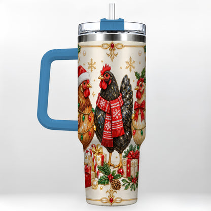 #pl[40oz|Blue] Christmas Chickens 40oz Tumbler with Handle, Festive Farmhouse Cup