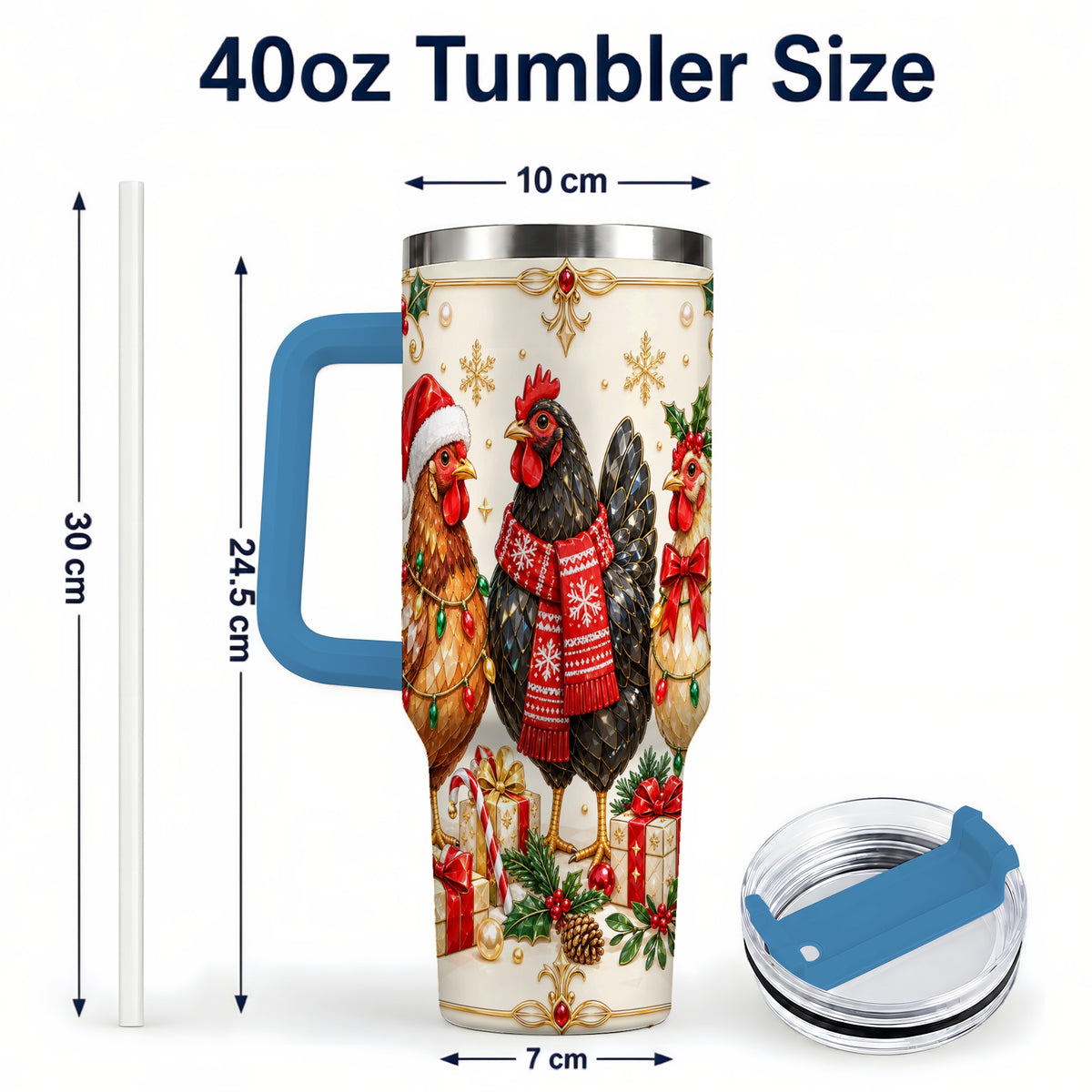 #pl[40oz|Blue] Christmas Chickens 40oz Tumbler with Handle, Festive Farmhouse Cup