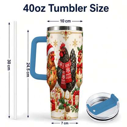 #pl[40oz|Blue] Christmas Chickens 40oz Tumbler with Handle, Festive Farmhouse Cup