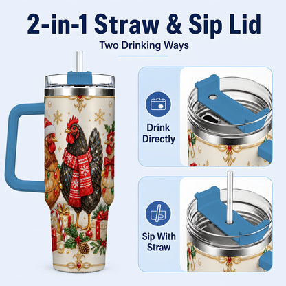 #pl[40oz|Blue] Christmas Chickens 40oz Tumbler with Handle, Festive Farmhouse Cup