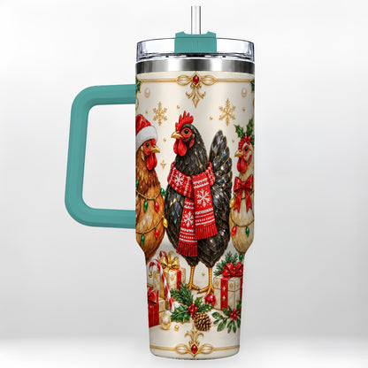 #pl[40oz|Green] Christmas Chickens 40oz Tumbler with Handle, Festive Farmhouse Cup