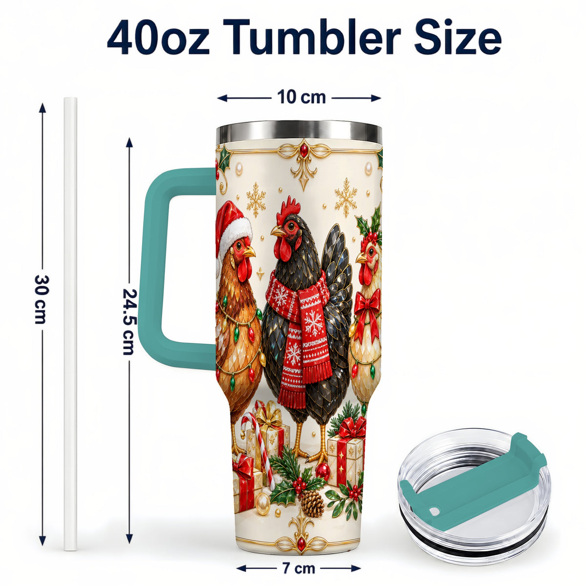 #pl[40oz|Green] Christmas Chickens 40oz Tumbler with Handle, Festive Farmhouse Cup