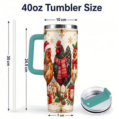 #pl[40oz|Green] Christmas Chickens 40oz Tumbler with Handle, Festive Farmhouse Cup