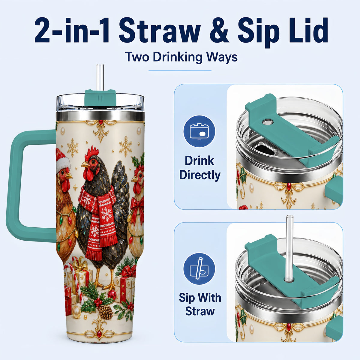 #pl[40oz|Green] Christmas Chickens 40oz Tumbler with Handle, Festive Farmhouse Cup