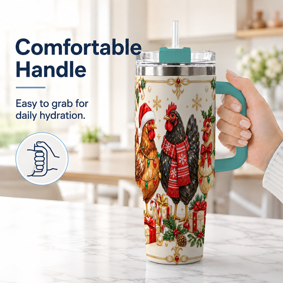 #pl[40oz|Green] Christmas Chickens 40oz Tumbler with Handle, Festive Farmhouse Cup