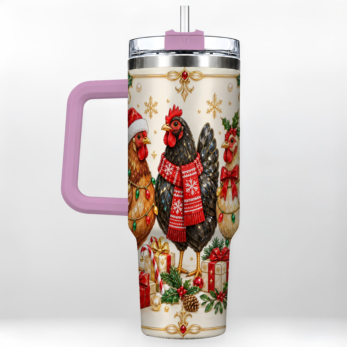 #pl[40oz|Pink] Christmas Chickens 40oz Tumbler with Handle, Festive Farmhouse Cup