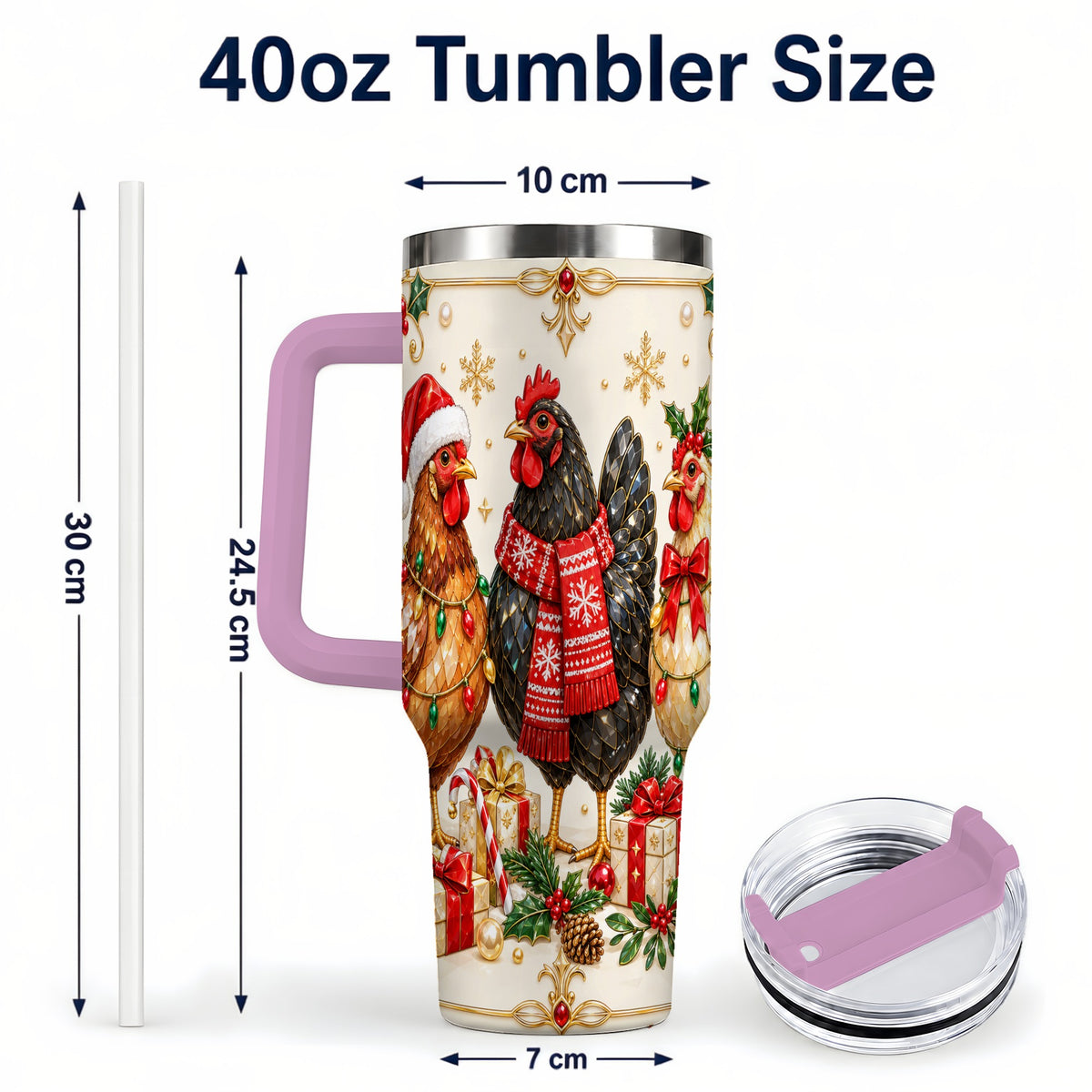 #pl[40oz|Pink] Christmas Chickens 40oz Tumbler with Handle, Festive Farmhouse Cup