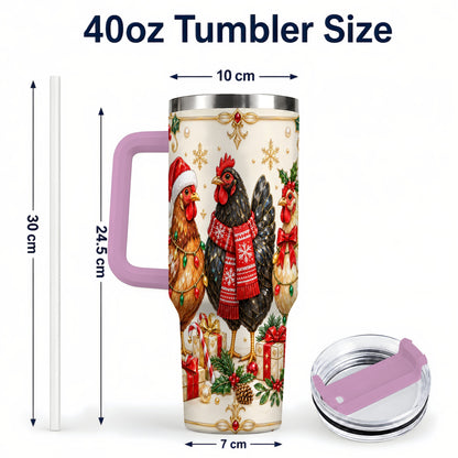 #pl[40oz|Pink] Christmas Chickens 40oz Tumbler with Handle, Festive Farmhouse Cup