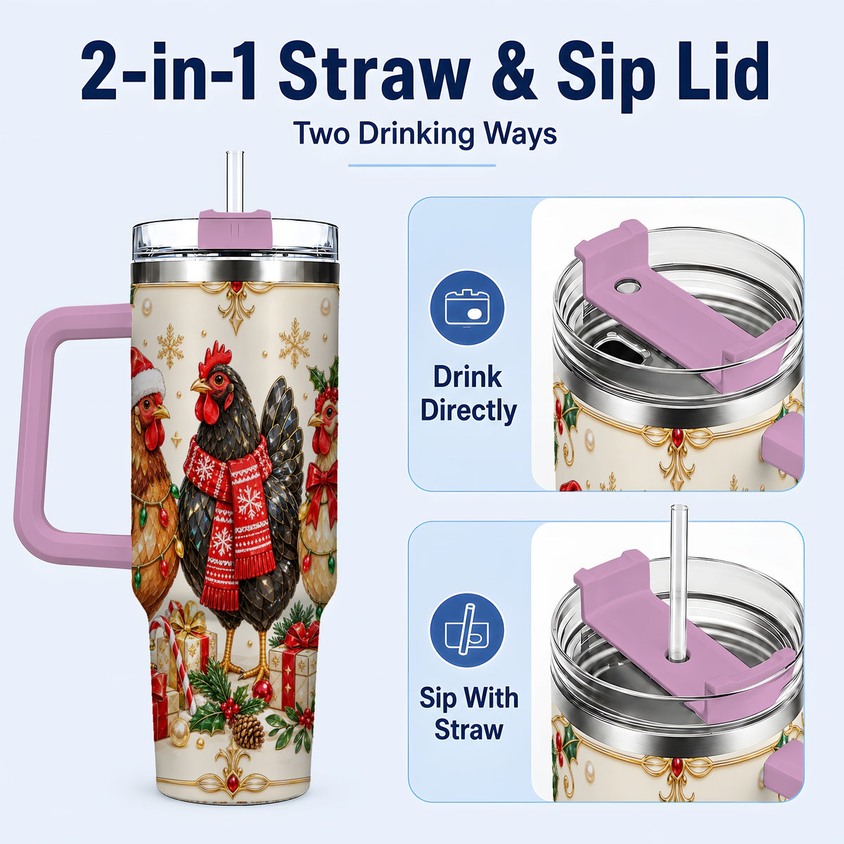 #pl[40oz|Pink] Christmas Chickens 40oz Tumbler with Handle, Festive Farmhouse Cup