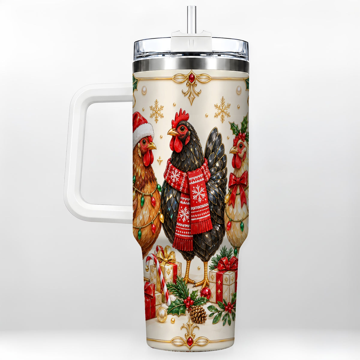 Christmas Chickens 40oz Tumbler with Handle, Festive Farmhouse Cup