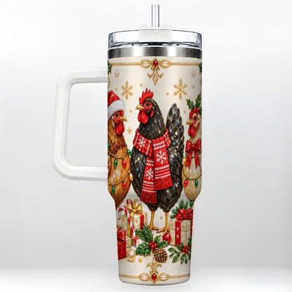 Christmas Chickens 40oz Tumbler with Handle, Festive Farmhouse Cup