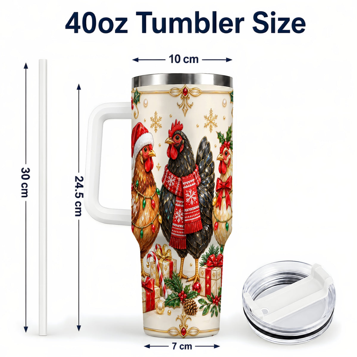 #pl[40oz|White] Christmas Chickens 40oz Tumbler with Handle, Festive Farmhouse Cup