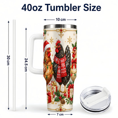 #pl[40oz|White] Christmas Chickens 40oz Tumbler with Handle, Festive Farmhouse Cup