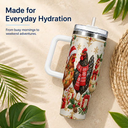 Christmas Chickens 40oz Tumbler with Handle, Festive Farmhouse Cup
