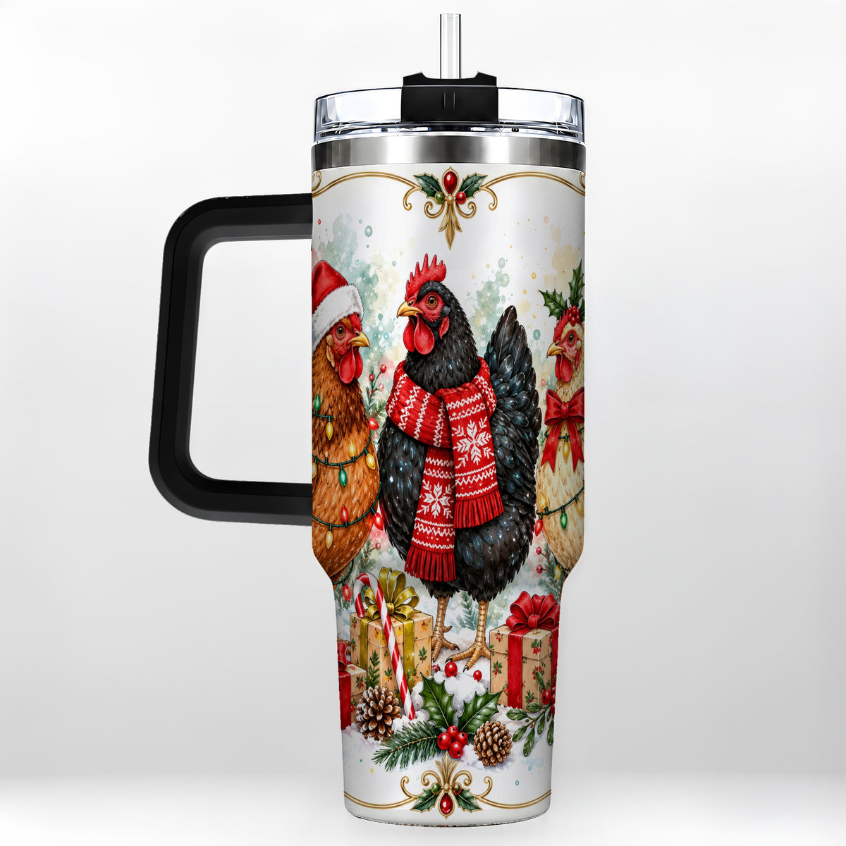 #pl[40oz|Black] Watercolor Christmas Chickens 40oz Tumbler with Handle, Holiday Hens