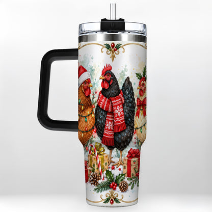 #pl[40oz|Black] Watercolor Christmas Chickens 40oz Tumbler with Handle, Holiday Hens
