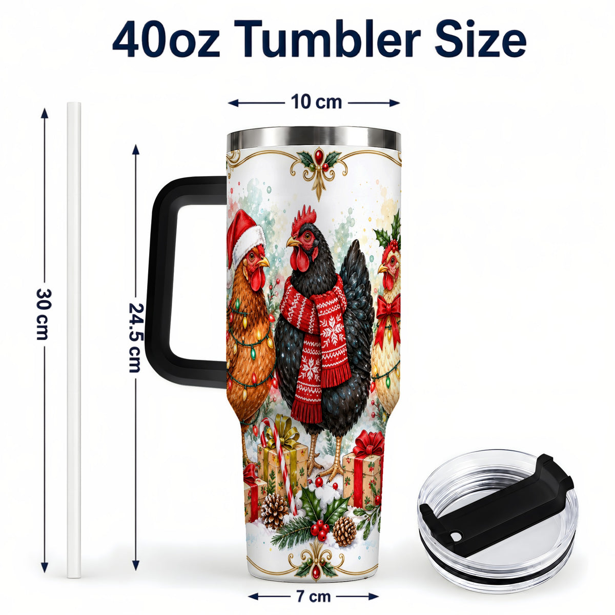 #pl[40oz|Black] Watercolor Christmas Chickens 40oz Tumbler with Handle, Holiday Hens